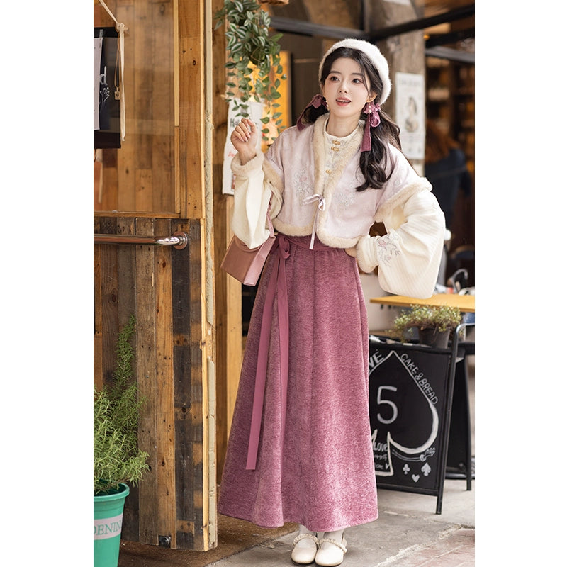 Tang Zhuanzi stand-up collar short shirt torn skirt Hanfu women tang HanFuDreams Blackberry sauce three-piece set S