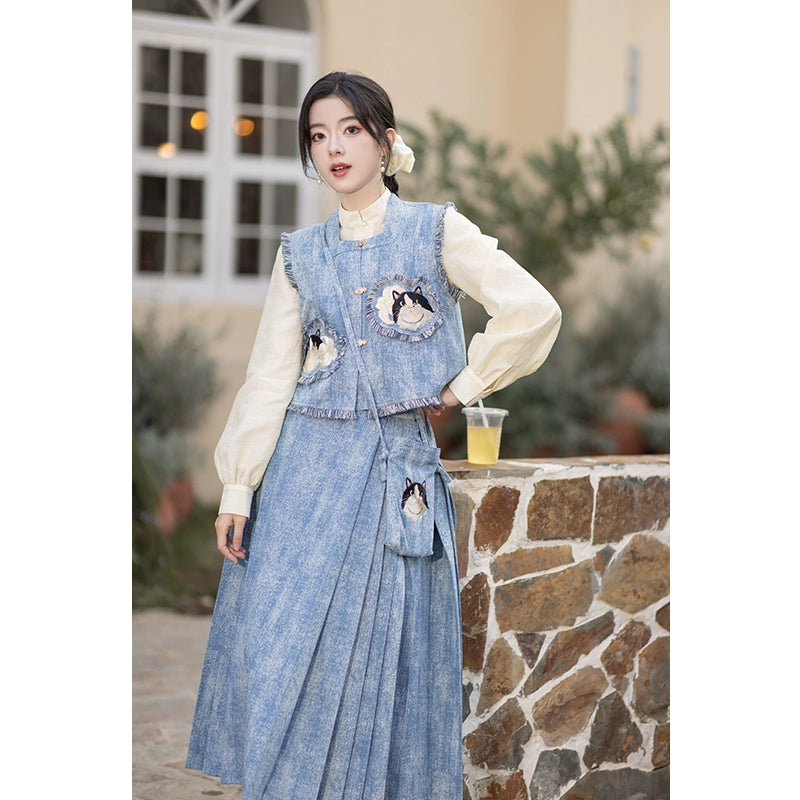 Cat Embroidery Bijia Tencel Shirt Horse Dress Hanfu han HanFuDreams Meow Zai Miaozai four-piece set (including bag) S