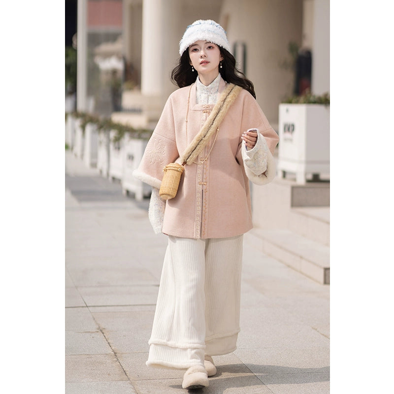 Ming stand-up collar bow bag sleeve short shirt short jacket Hanfu women ming HanFuDreams Sakura sweet tea three-piece set S