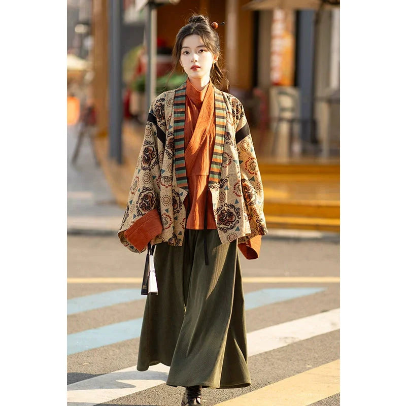 Jin-made upper collar shirt culottes Hanfu women jin HanFuDreams Gale Rises Three-piece Set (Green) S