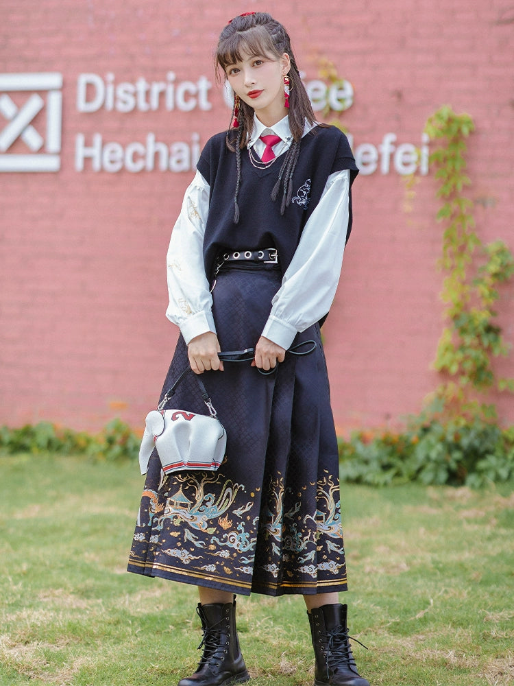 Han element horse dress Hanfu han HanFuDreams Black vest + white long-sleeved set (three-piece set) S