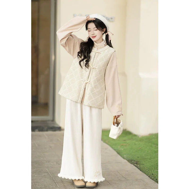 Ming-made crew neck tie-up shorts Song pants Hanfu women ming HanFuDreams Pudding peach three-piece set S