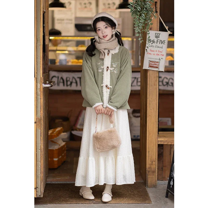 Han-style Short Jacket with Lace Skirt Hanfu han HanFuDreams Fashion Matcha mochi two-piece set S