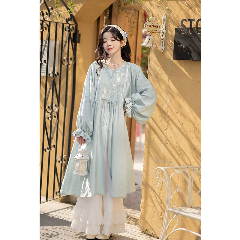Han Element Man Cotton Crew Neck Long Shirt Song Pants Hanfu han HanFuDreams Blue Coconut Bobo Two-piece Set S