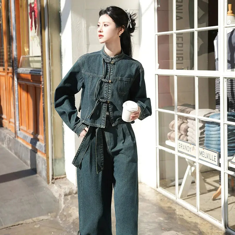 New Chinese Wide-Leg Pants | Improved Hanfu Style modern More than thirteen two-piece set S