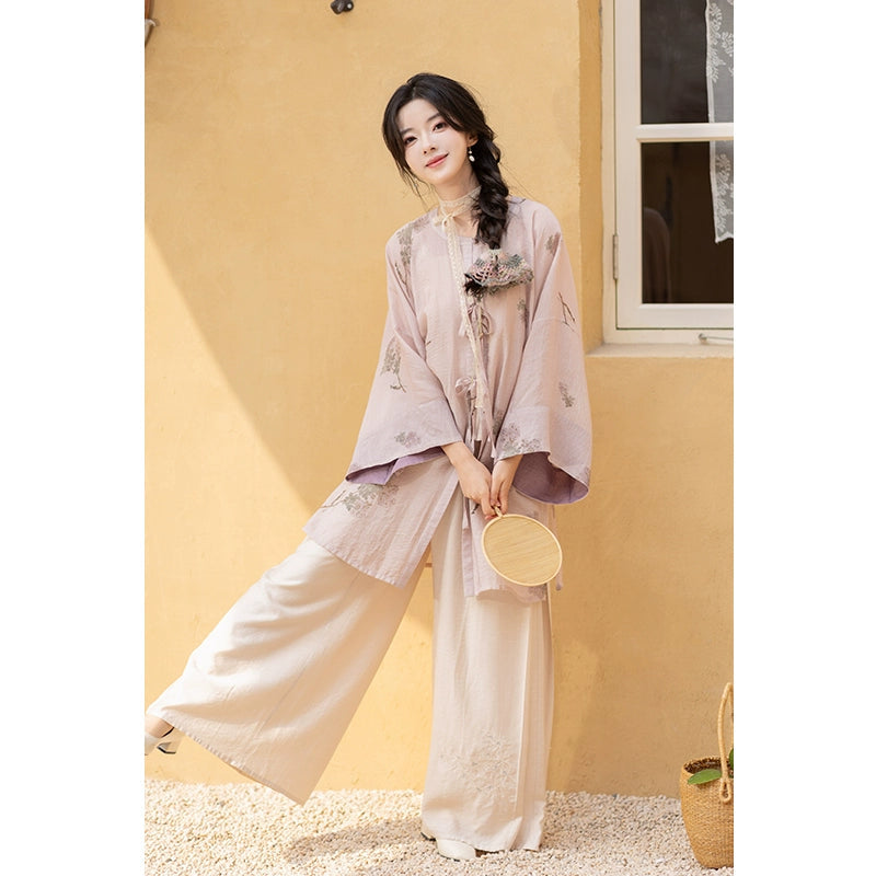 Ming-made cotton round neck cardigan improved Song pants Hanfu ming HanFuDreams Gentle three-piece set S
