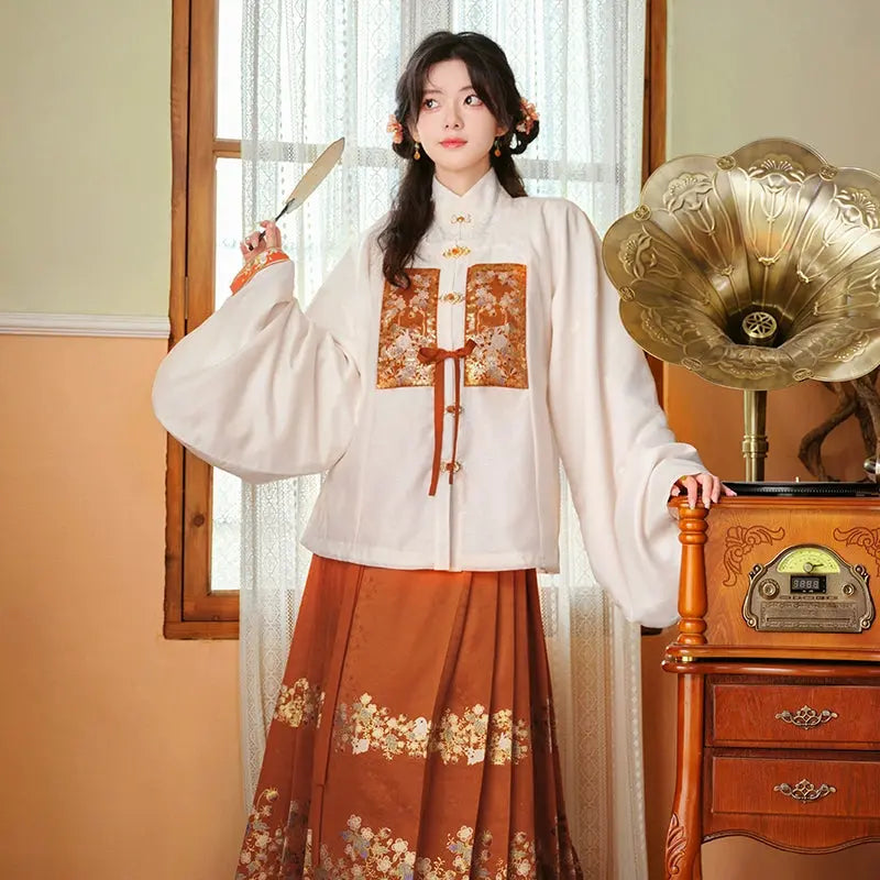 Square Collar Gold-Woven Mamianqun | Ming Hanfu for Women ming More than thirteen Square collar placket jacket + horse skirt XS