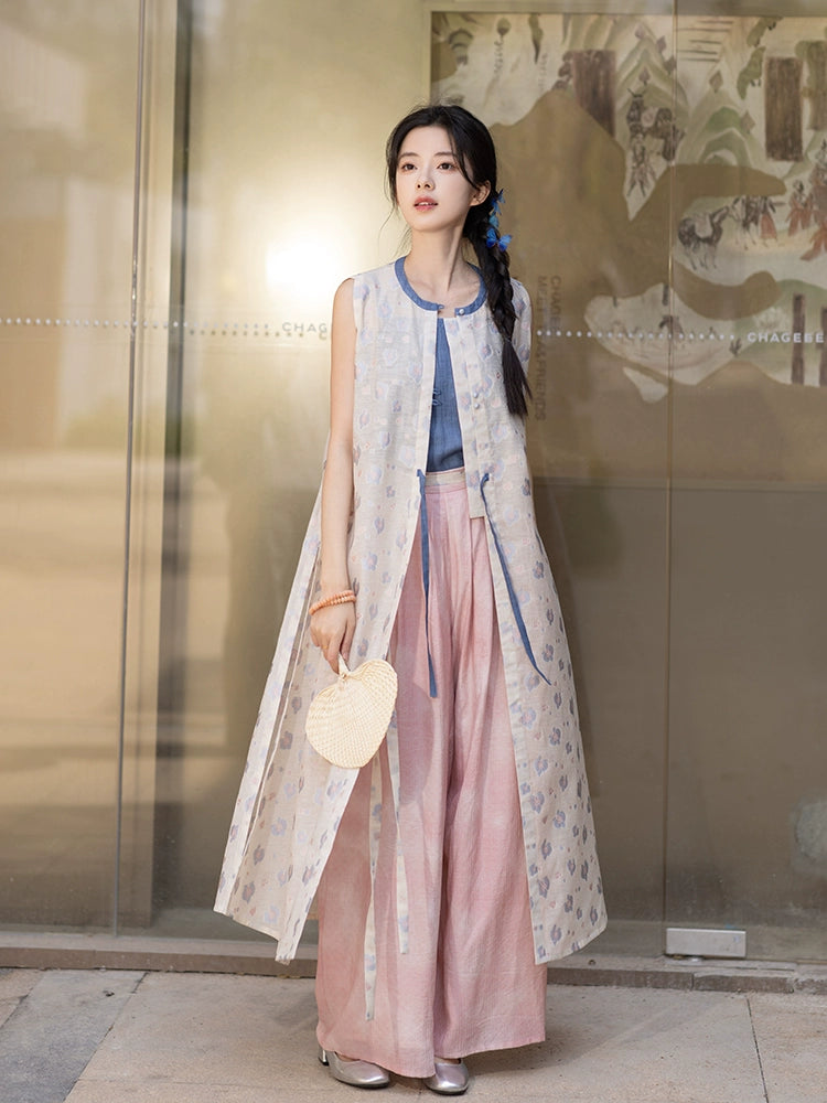 Ming-made round neck long than Jia Tencel wide-leg pants Hanfu