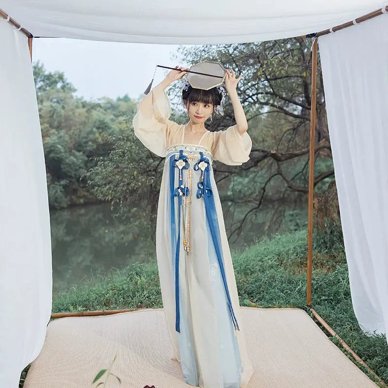 Embroidered Front-Opening Top & Printed Tang Dynasty Hanfu Skirt Se tang More than thirteen Four-piece set - suspender skirt XS