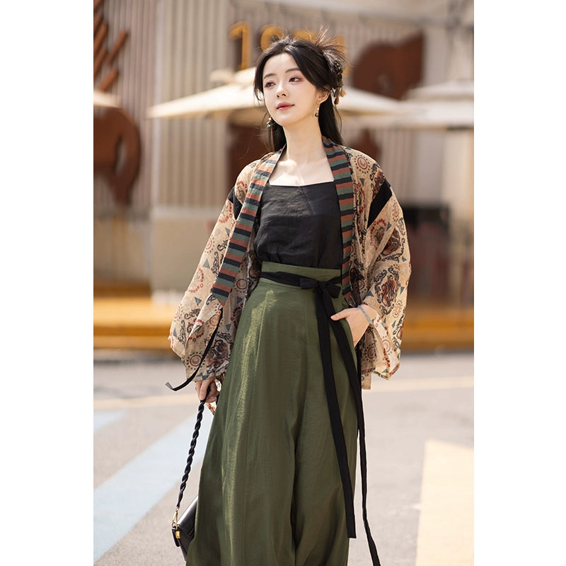 Hanfu Curved Collar Shirt & Broken Skirt Set jin HanFuDreams Three-piece set (upper < unk > + ramie suspender + green eight-broken skirt) S