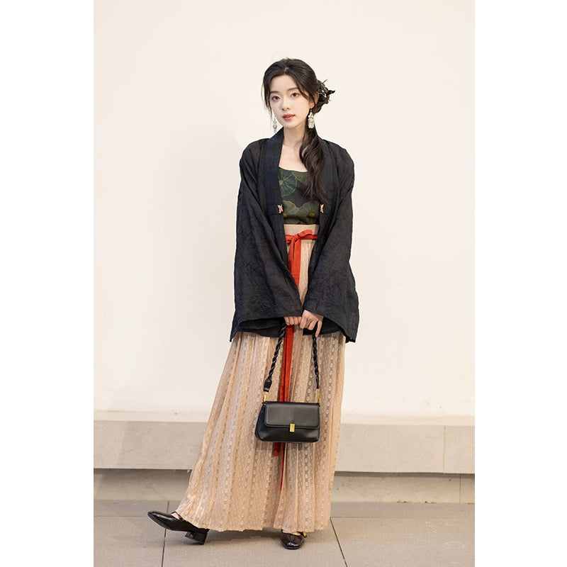 Ming-made Tencel short shirt, suspender long skirt, full pleated skirt ming HanFuDreams Three-piece set (short shirt + suspender skirt + full pleated skirt) S