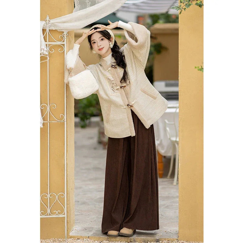 Han element short jacket improved Song pants Hanfu women han HanFuDreams Caramel mochi two-piece set S
