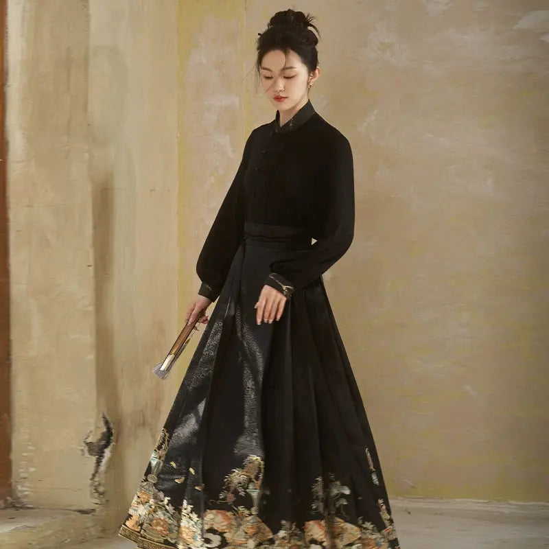 New Chinese Horse Dress Set Autumn modern More than thirteen Ink white and black two-piece set XS