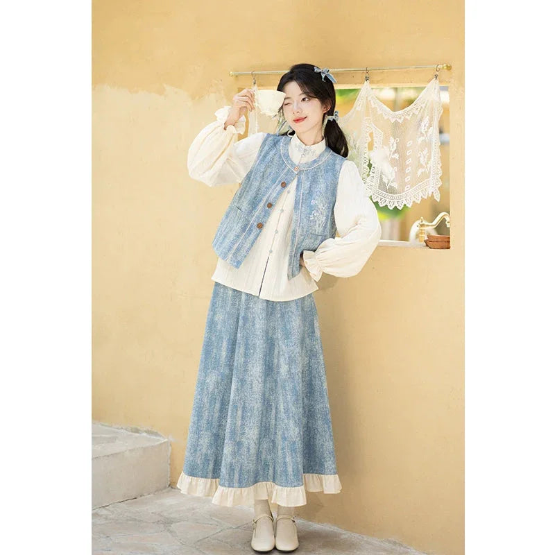 Han Element Bijia Short Shirt Skirt Hanfu Women han HanFuDreams Small bouquet three-piece set S