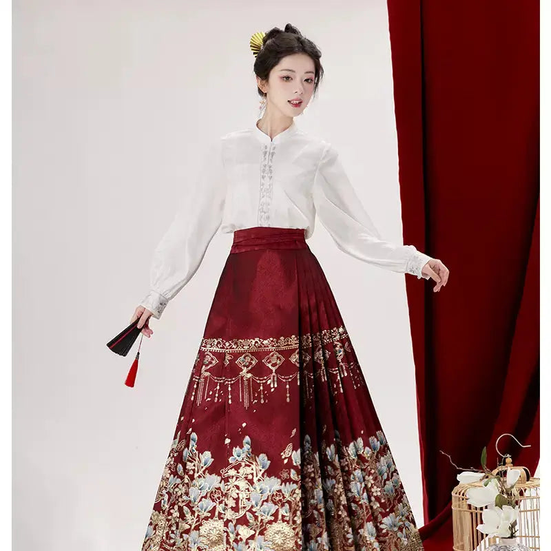 Shirt with imitation makeup flower horse face skirt Hanfu. ming SevenQueenWig S two sets (Zhu Ying Hong)