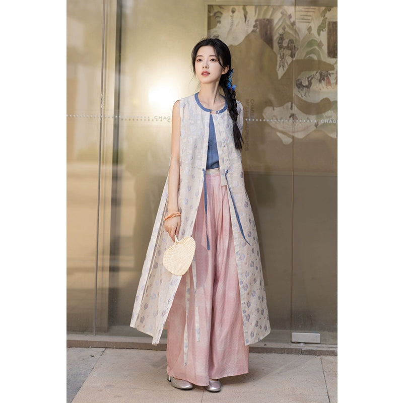 Ming-made round neck long than Jia Tencel wide-leg pants Hanfu ming HanFuDreams Flower mist three-piece set S