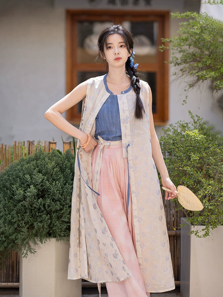 Ming-made round neck long than Jia Tencel wide-leg pants Hanfu