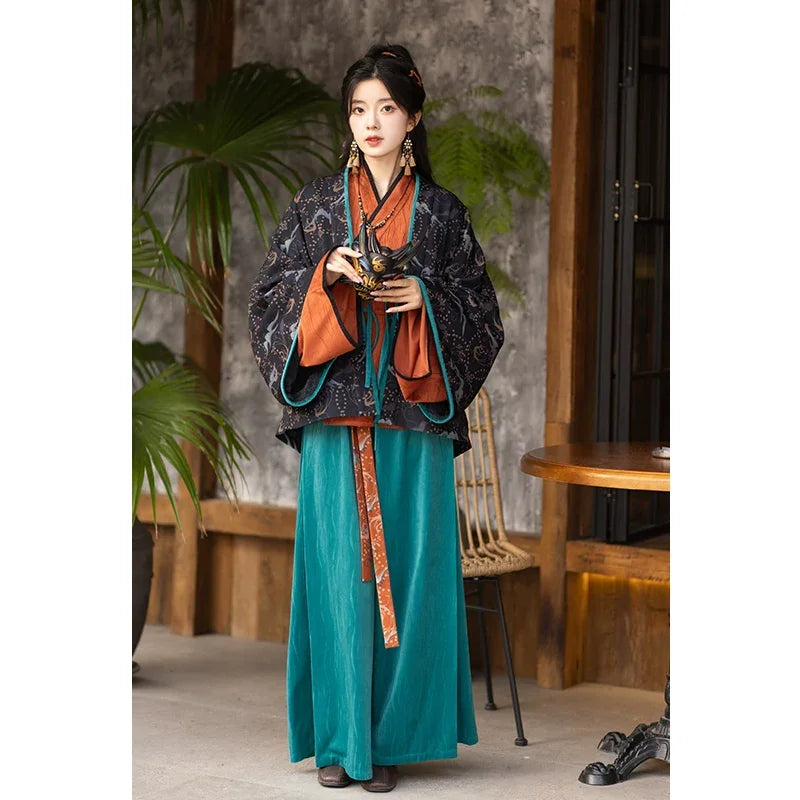 Hanfu Pleated Upper Garment & Ripped Skirt Set jin HanFuDreams Fashion Three-piece set (pleated clothes + upper pants + Song pants) S
