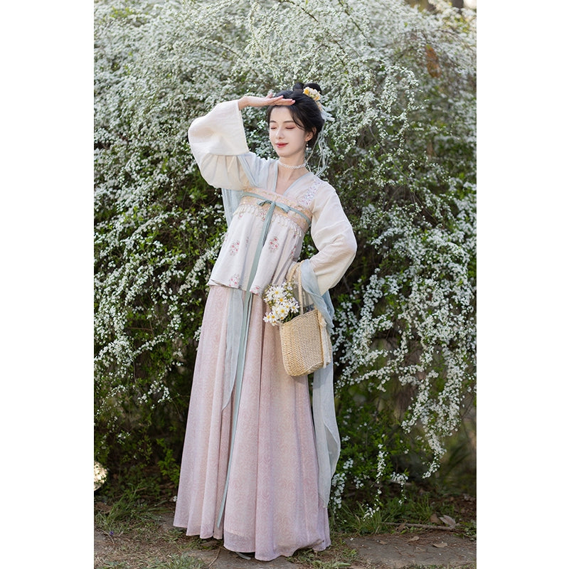 Tang tencel short shirt chest skirt Hanfu tang HanFuDreams Three-piece set (short shirt + chest-length skirt + strange belly) is newly sent with silk. S