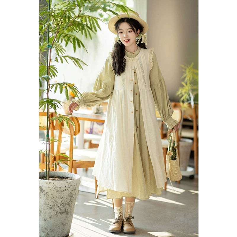 Han element cotton long than armor stand-up collar long shirt Hanfu han HanFuDreams Valley Lily of the Valley Two-piece Set S