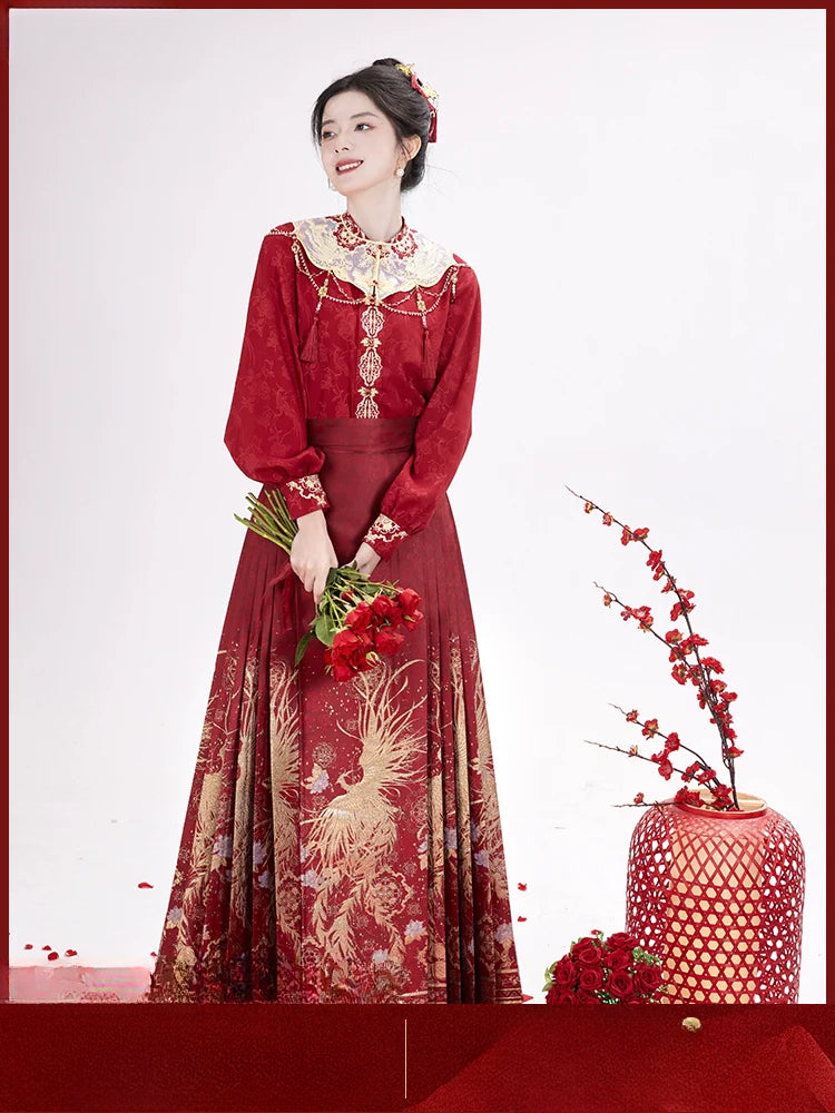 Ming-style Horse Face Skirt Hanfu for Toasting and Engagement Ceremonies.