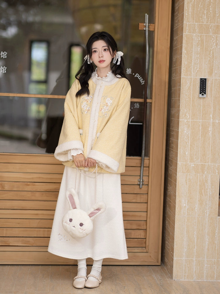 Chi Xia [Fleece Butter] Crew Neck Short Jacket Umbrella Skirt Han han HanFuDreams