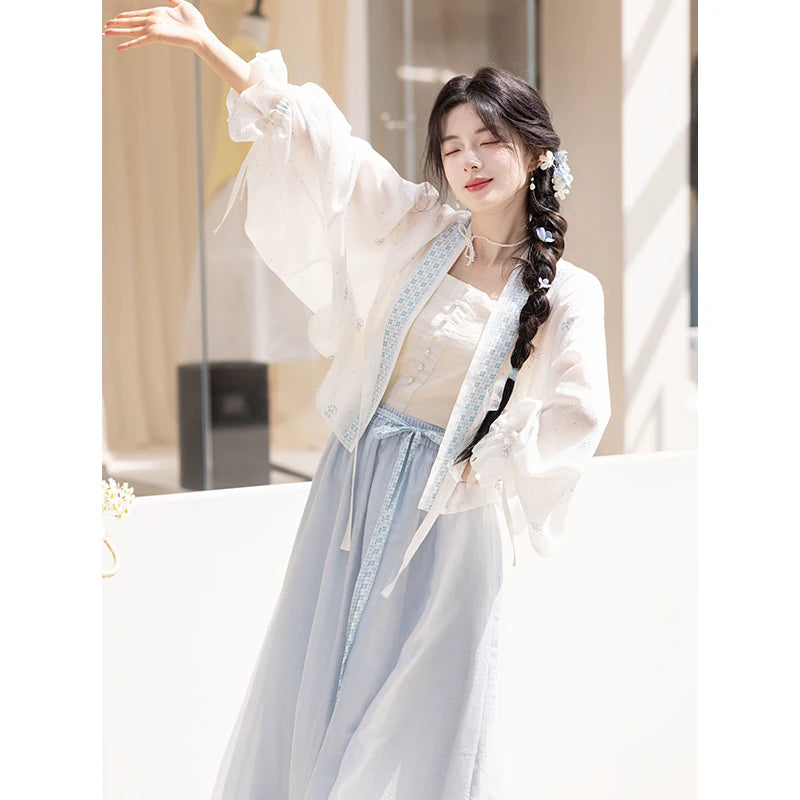 Tang Tiansi Silk Hanfu Summer Set — Top, Six-Panel Skirt & Shorts han Chixia Two-piece Set (Top + Six-Panel Skirt) S spot