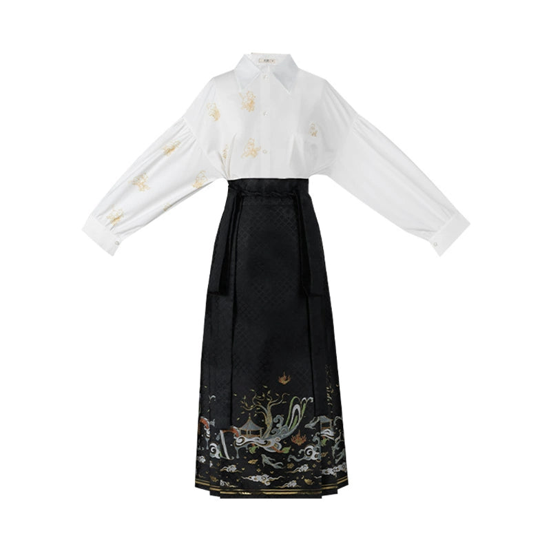 Han element horse dress Hanfu han HanFuDreams White long-sleeved shirt + black eight-point horse dress S