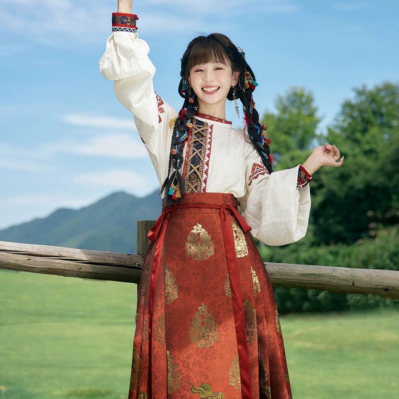 More than thirteen [snowfield flowers] Tibetan style horse dress ming HanFuDreams top + horse skirt S