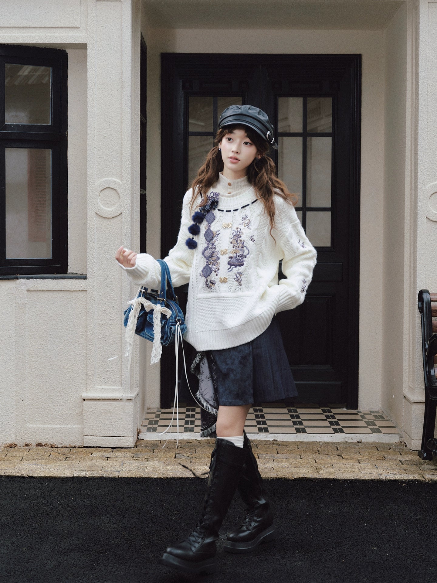 More than thirteen [blue and white] embroidered crew neck sweater spliced denim skirt