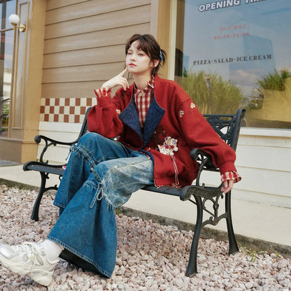 [Quguang] lapel shirt fake two pieces of national style woolen coat modern HanFuDreams Go to light, red coat + painting core, jeans S