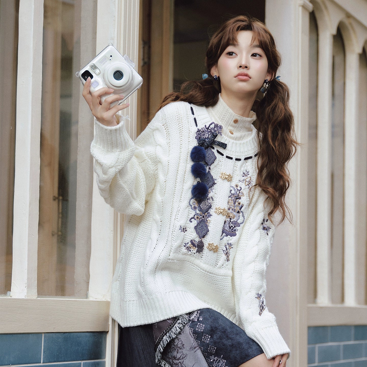 More than thirteen [blue and white] embroidered crew neck sweater spliced denim skirt
