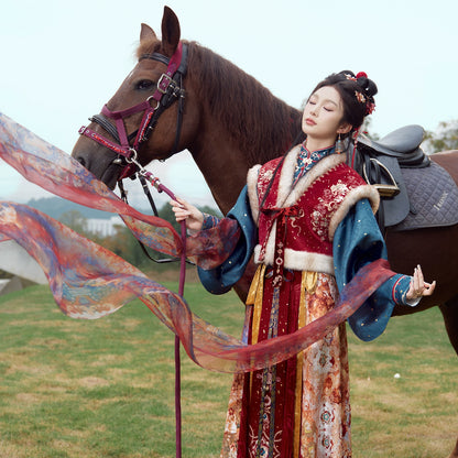 More than thirteen [Qingyang Xinghui] vest bronzing cardigan broken skirt printing silk han HanFuDreams four-piece set S