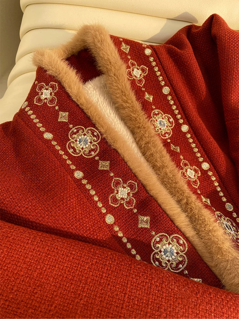 Flower Fairy Story [Changle] Cross-neck embroidered fleece bow bag sleeve jacket han HanFuDreams