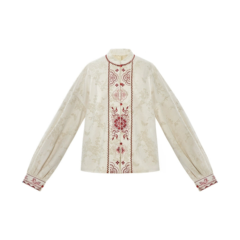 More than thirteen [Chi Yan] embroidered straight neck placket jacket imitation flocked shirt
