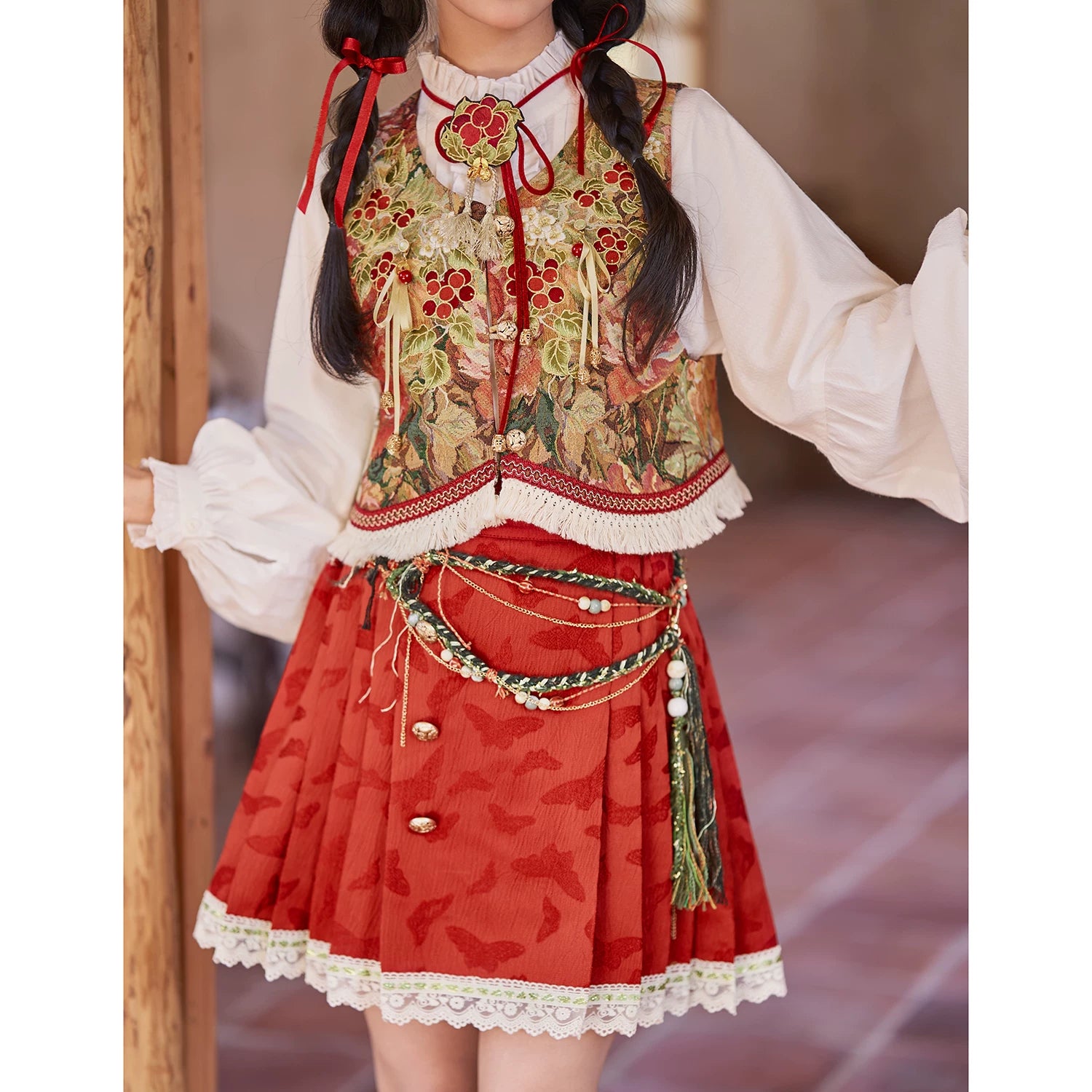 Flower Fairy Story [Red Fruit Manor] Vest Shirt Short Horse Noodles modern HanFuDreams Red Short Horse Noodles S