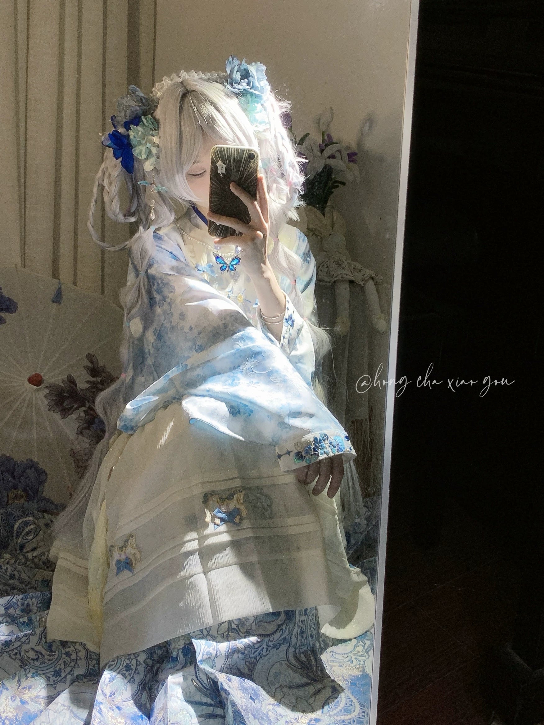 Flower Fairy Story [Celadon Mirror] Pipa Sleeve Blue and White Porcelain Horse Dress Set Han han HanFuDreams