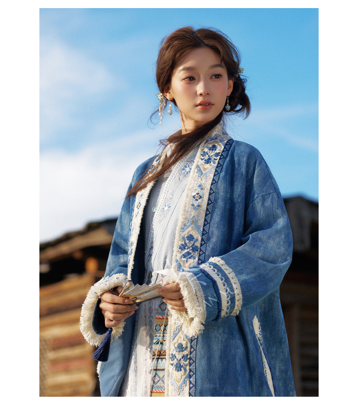 More than thirteen [Cangming Night] denim embroidered jacket curved collar top trousers set modern HanFuDreams