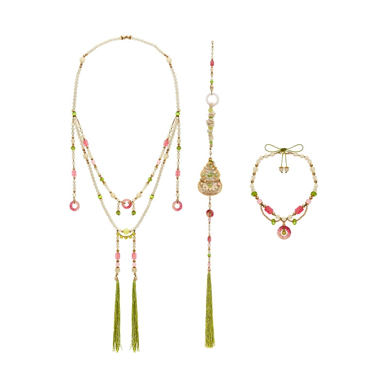 More than thirteen [peach blossom long tassel] large-sleeved shirt suspender skirt Tang Hanfu tang HanFuDreams Back cloud + necklace S