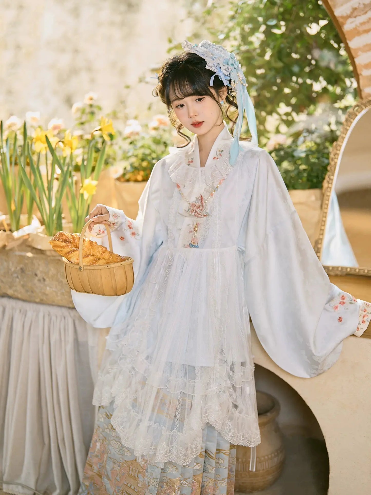 Flower Fairy Story [Yan Yunting] Pipa Sleeve Crossneck Shirt Blue Horse Skirt Set Ming ming HanFuDreams