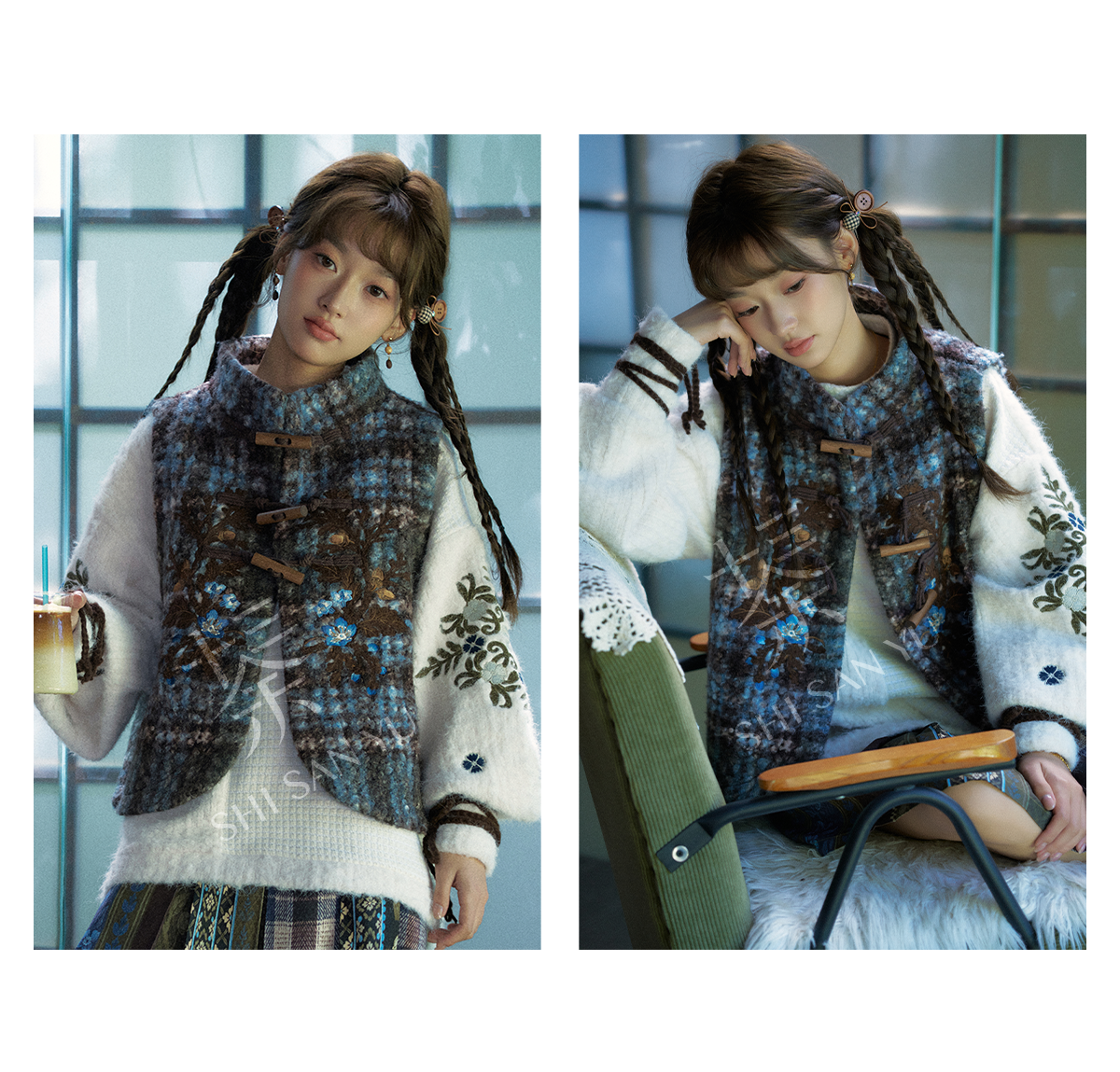 More than thirteen [moss spirit] vest embroidered sweater short skirt Mori plush set modern HanFuDreams