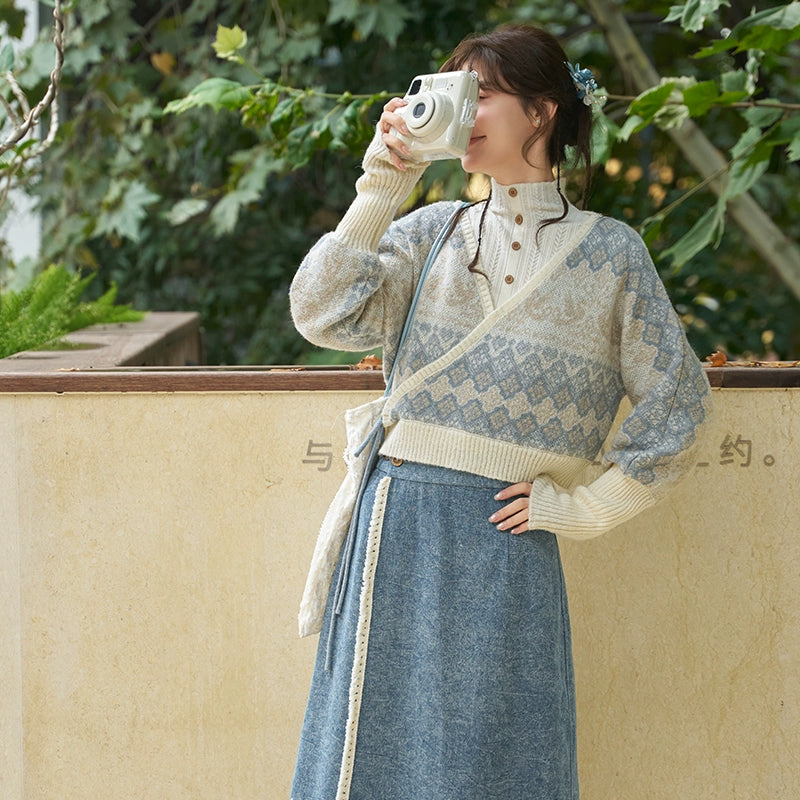 More than thirteen [autumn river snow] 2025 autumn new pullover jacquard sweater denim skirt modern HanFuDreams Qiu Jiangxue, sweater + lower skirt + snow sweater, sweater S