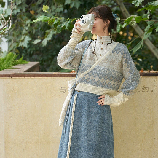 More than thirteen [autumn river snow] 2025 autumn new pullover jacquard sweater denim skirt modern HanFuDreams Qiu Jiangxue, sweater + lower skirt + snow sweater, sweater S
