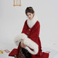 Snow Perched Red Branch - Red Hanfu Wool Coat—White Fur Collar & Back Waist Tie Flower Fairy Story