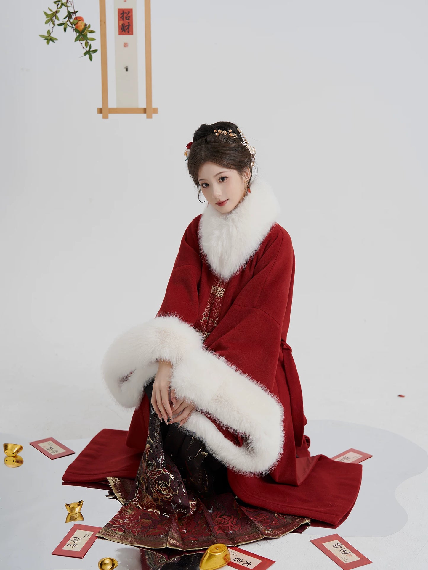 Snow Perched Red Branch - Red Hanfu Wool Coat—White Fur Collar & Back Waist Tie Flower Fairy Story