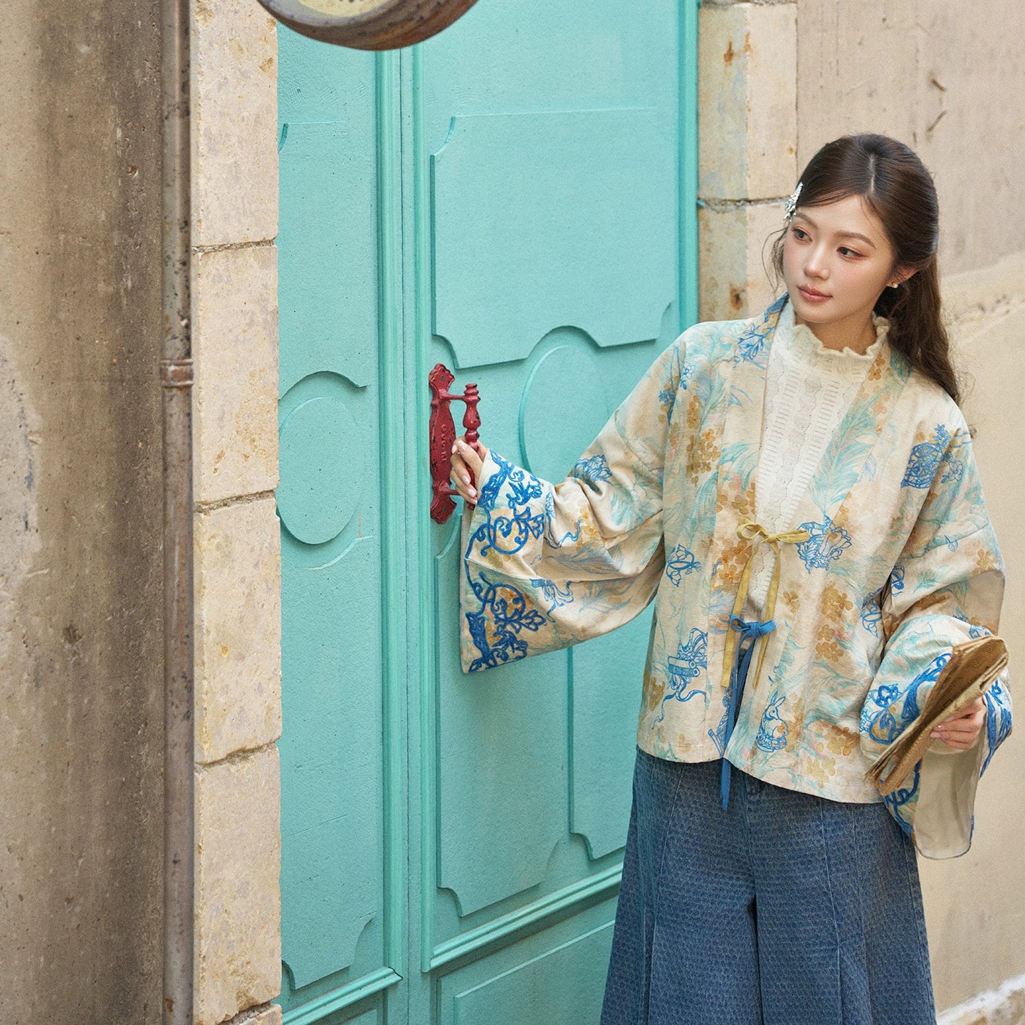 More than thirteen [banana leaf poems] wearing velvet pleated clothes and national style coats modern HanFuDreams Three-piece set (banana leaf poem + cream + heart moon, denim skirt pants) S