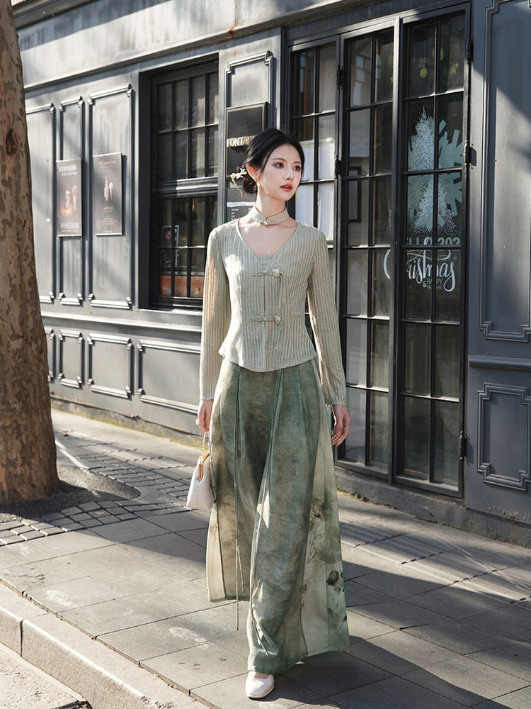 More than thirteen [Linchun poems] knitted cardigan wide-leg pants set spring HanFuDreams