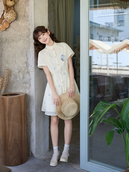 More than thirteen [daydream] national style embroidered white waist short-sleeved dress modern HanFuDreams