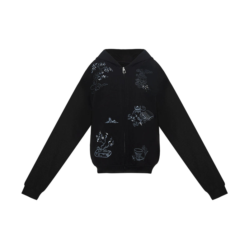 More than thirteen [Wangchuan Yi] embroidered zipper jacket black hooded sweater modern HanFuDreams Sweater (Black) S
