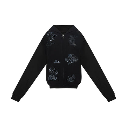 More than thirteen [Wangchuan Yi] embroidered zipper jacket black hooded sweater modern HanFuDreams Sweater (Black) S